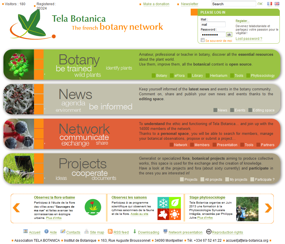 Page d'accueil du site Web Tela Botanica